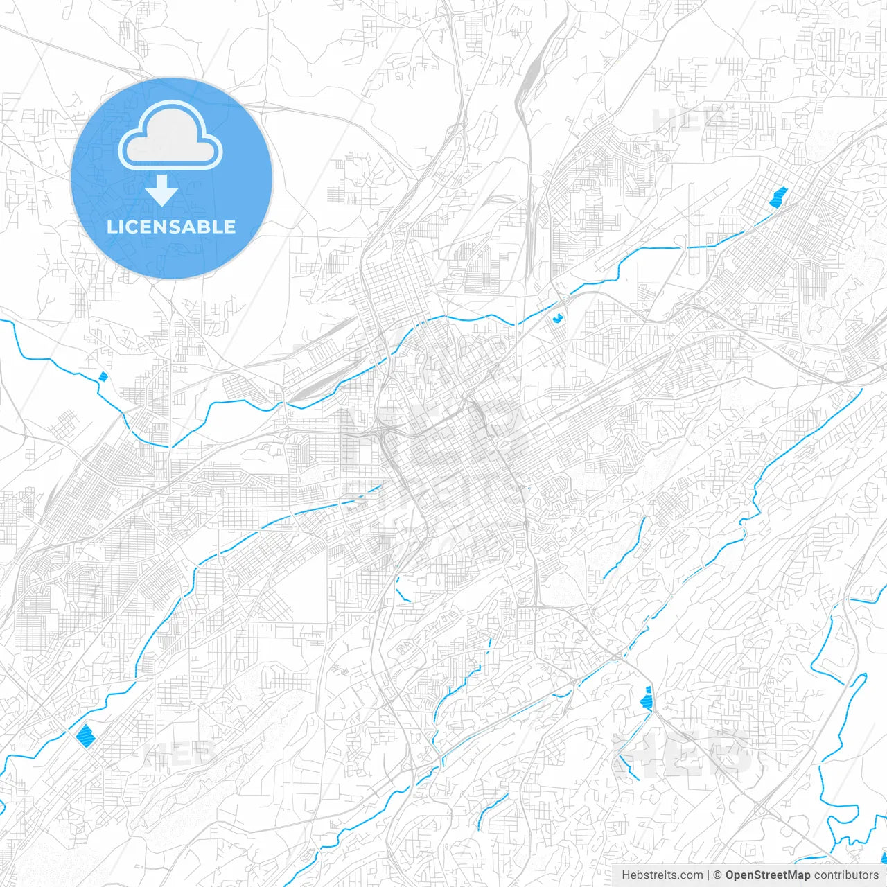 Birmingham, Alabama, United States, PDF vector map with water in focus