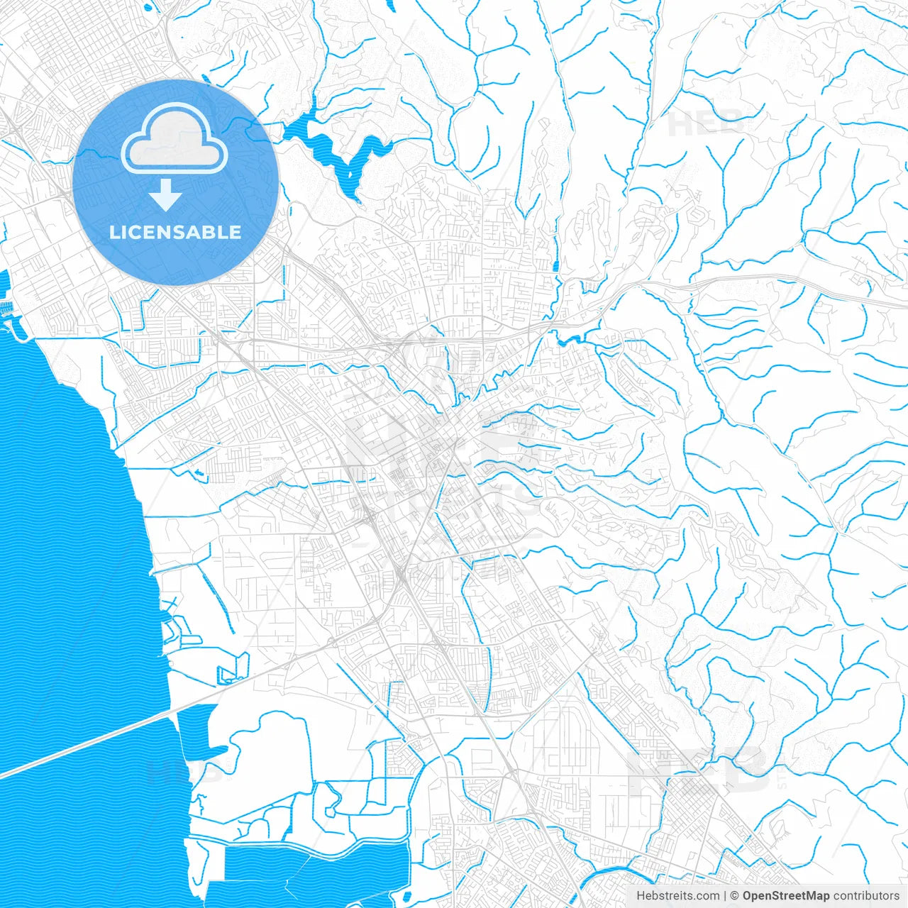 Hayward, California, United States, PDF vector map with water in focus