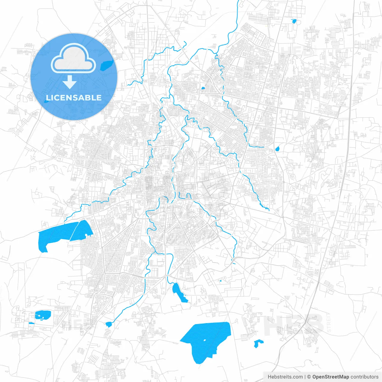 Indore, India PDF vector map with water in focus