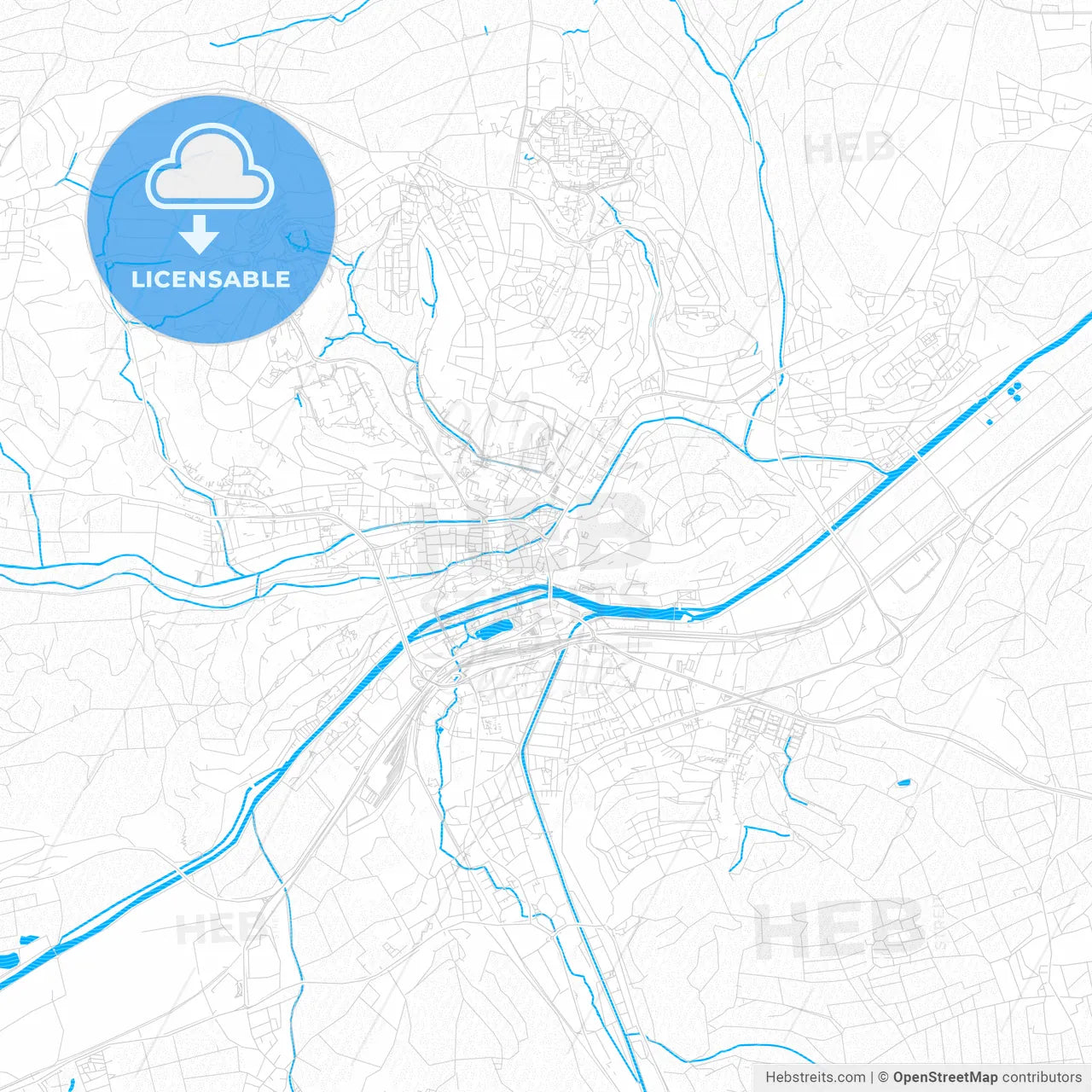 Tubingen, Germany PDF vector map with water in focus