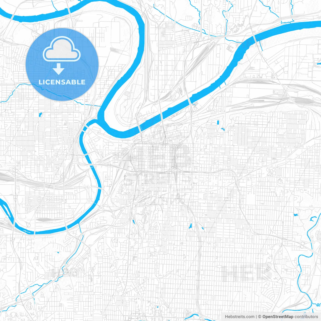 Kansas City, Missouri, United States, PDF vector map with water in focus