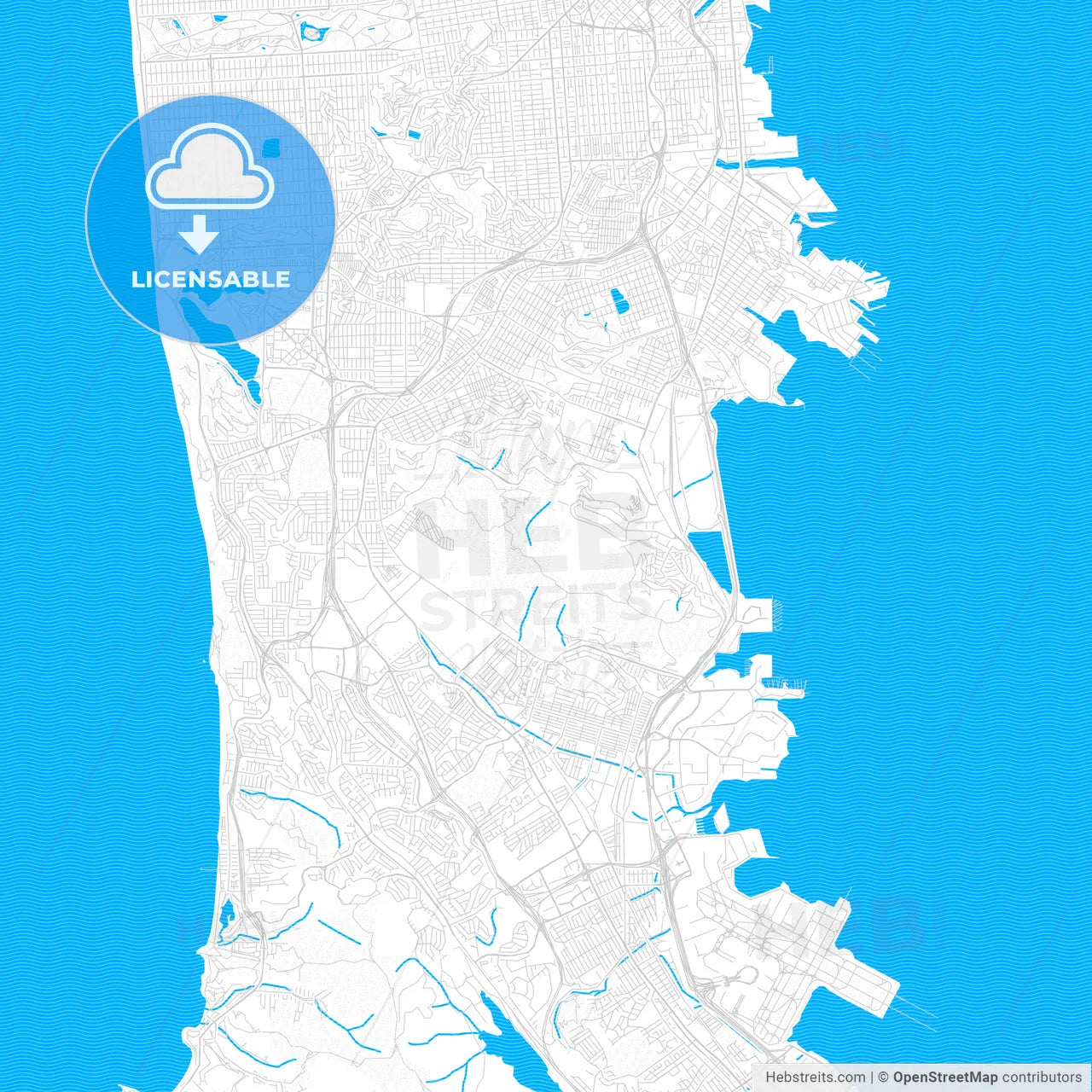 Daly City, California, United States, PDF vector map with water in focus