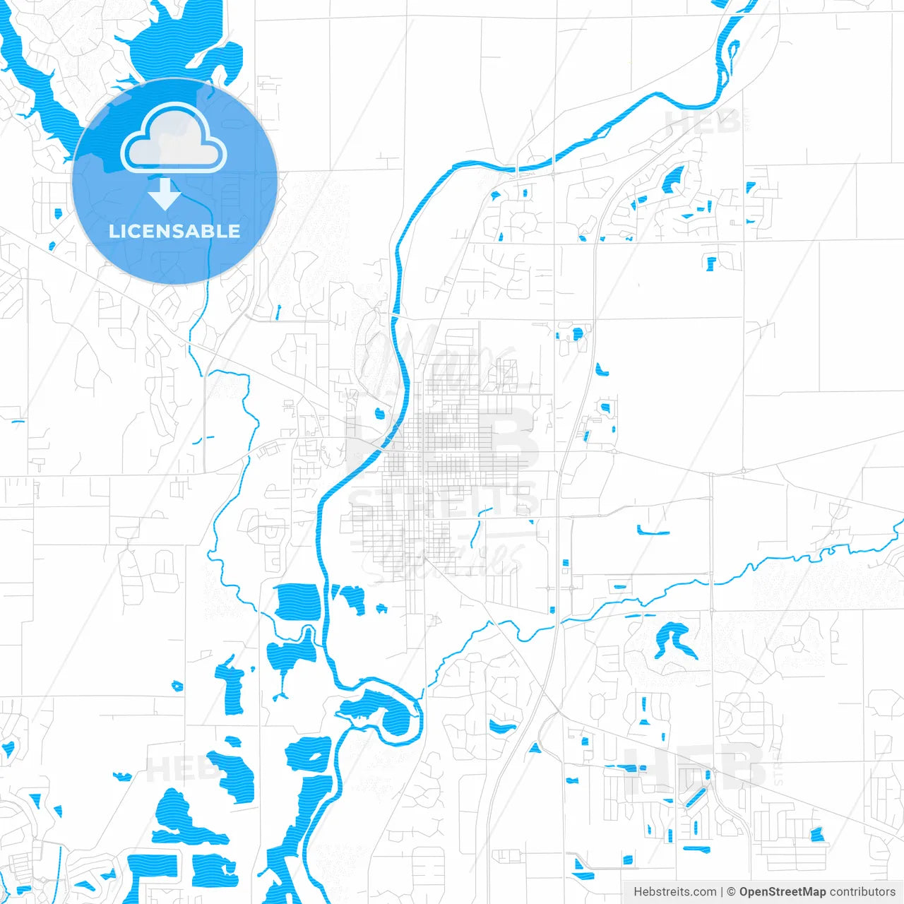 Noblesville, Indiana, United States, PDF vector map with water in focus