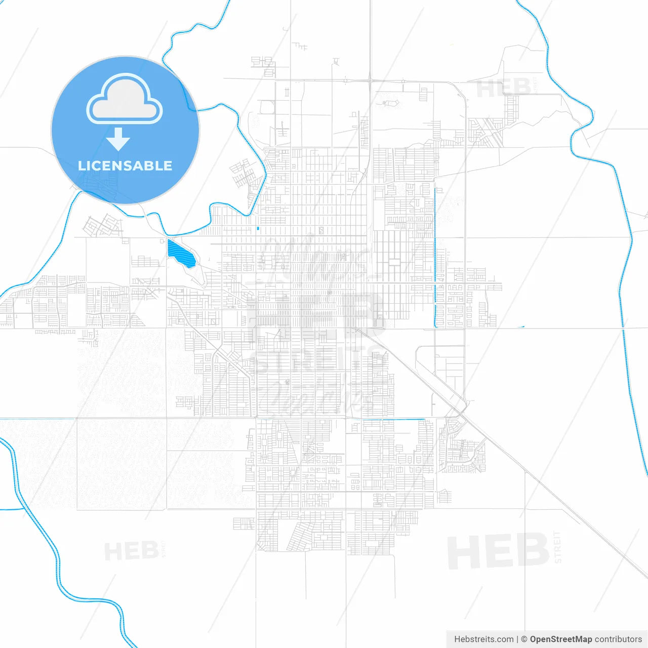 Ciudad Obregón, Mexico PDF vector map with water in focus