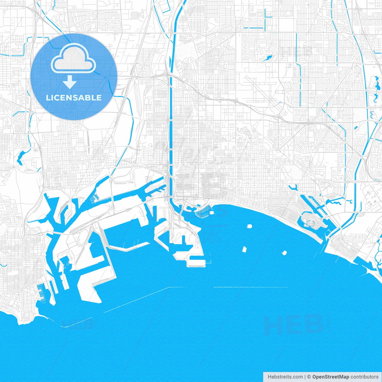 Long Beach, California, United States, PDF vector map with water in focus