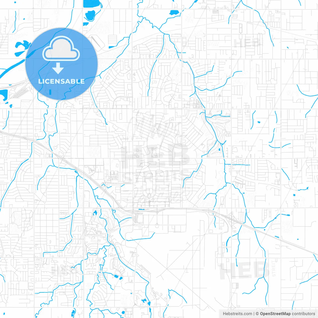 Midwest City, Oklahoma, United States, PDF vector map with water in focus