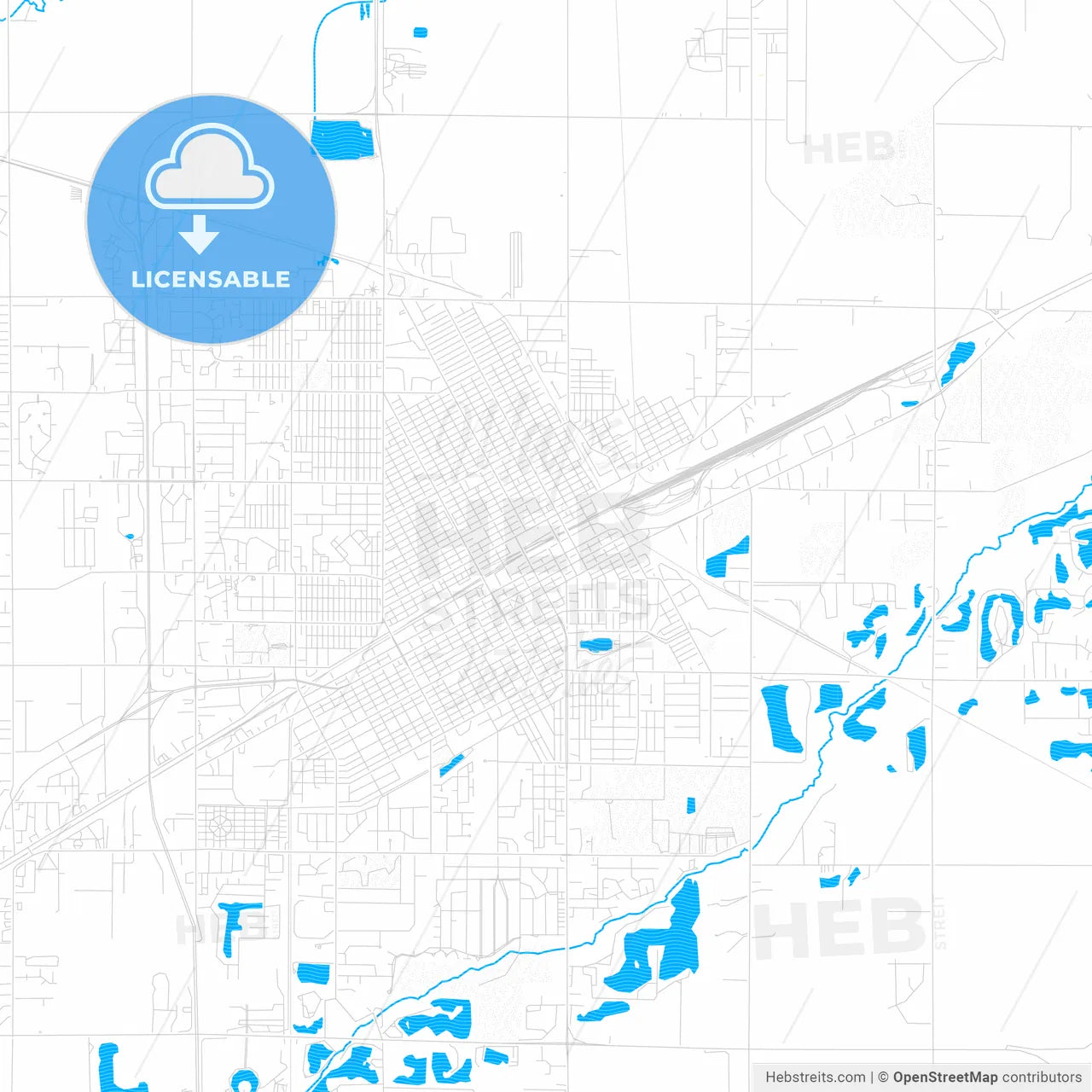 Grand Island, Nebraska, United States, PDF vector map with water in focus