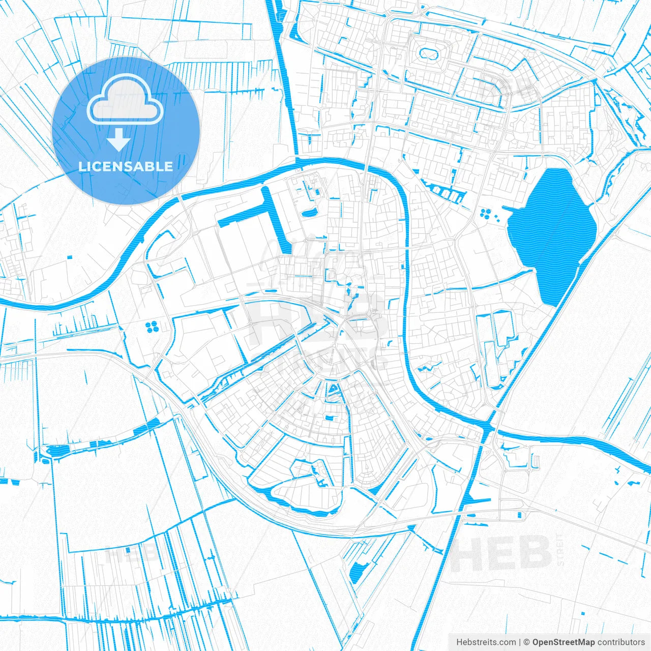 Alphen aan den Rijn, Netherlands PDF vector map with water in focus