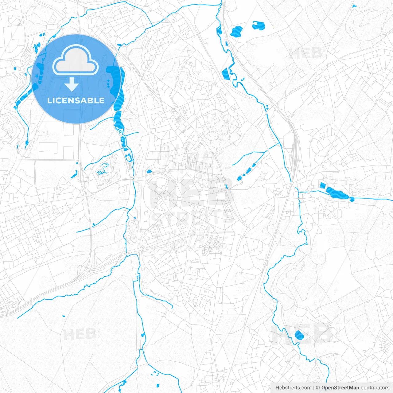 Kerkrade, Netherlands PDF vector map with water in focus