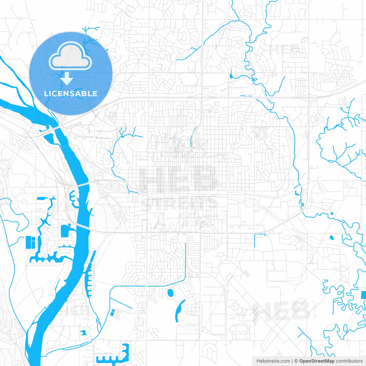 Bismarck, North Dakota, United States, PDF vector map with water in focus