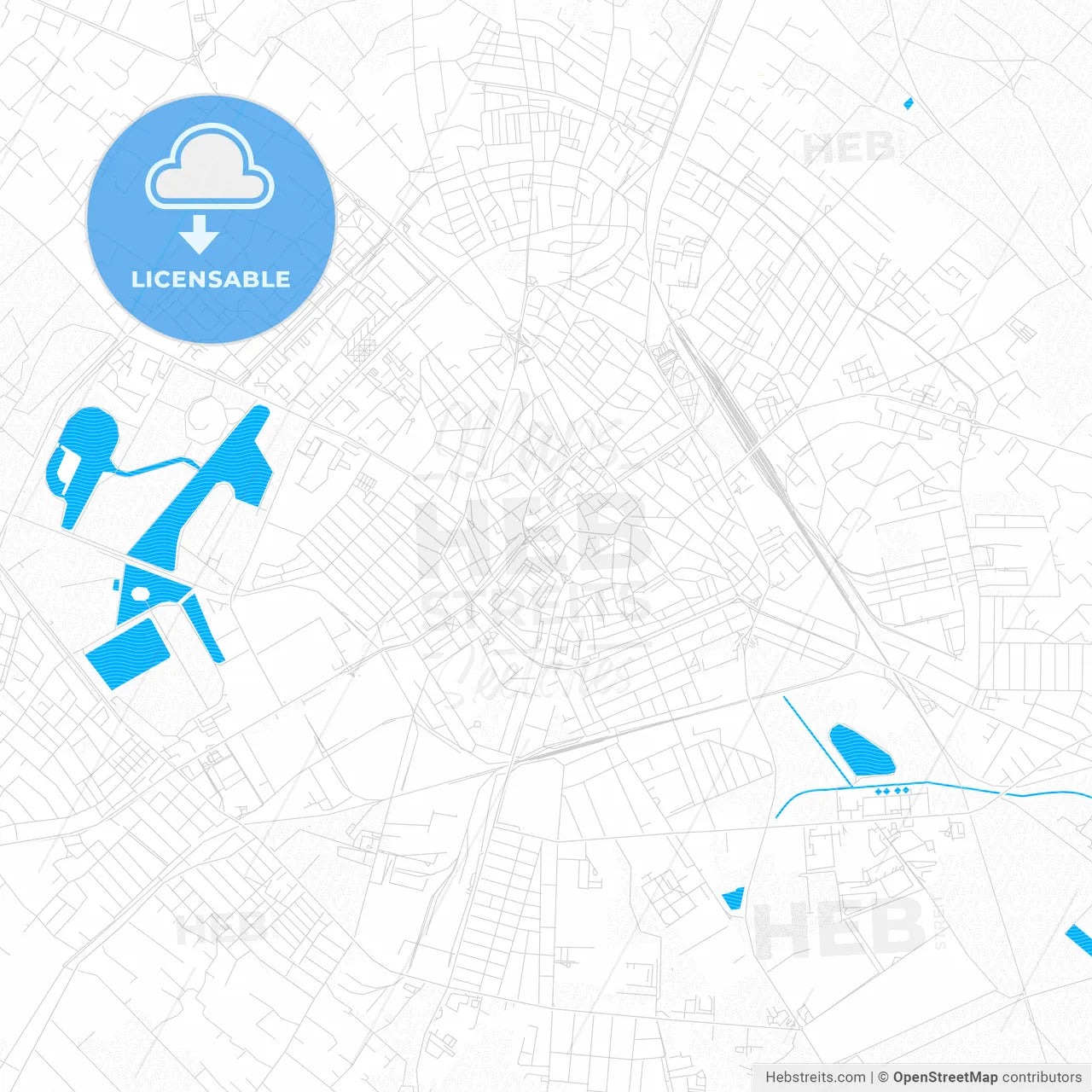 Kecskemét, Hungary PDF vector map with water in focus