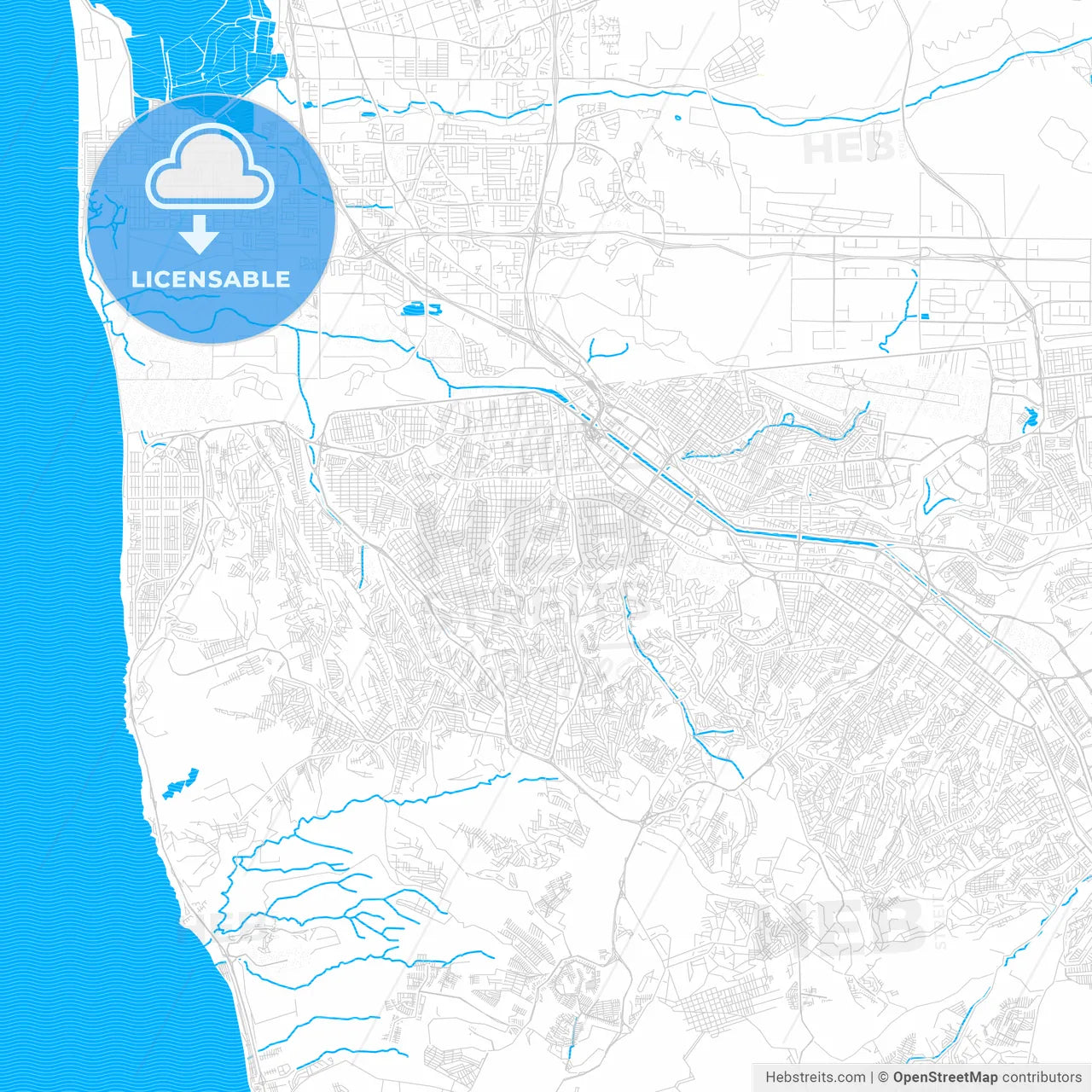 Tijuana, Mexico PDF vector map with water in focus
