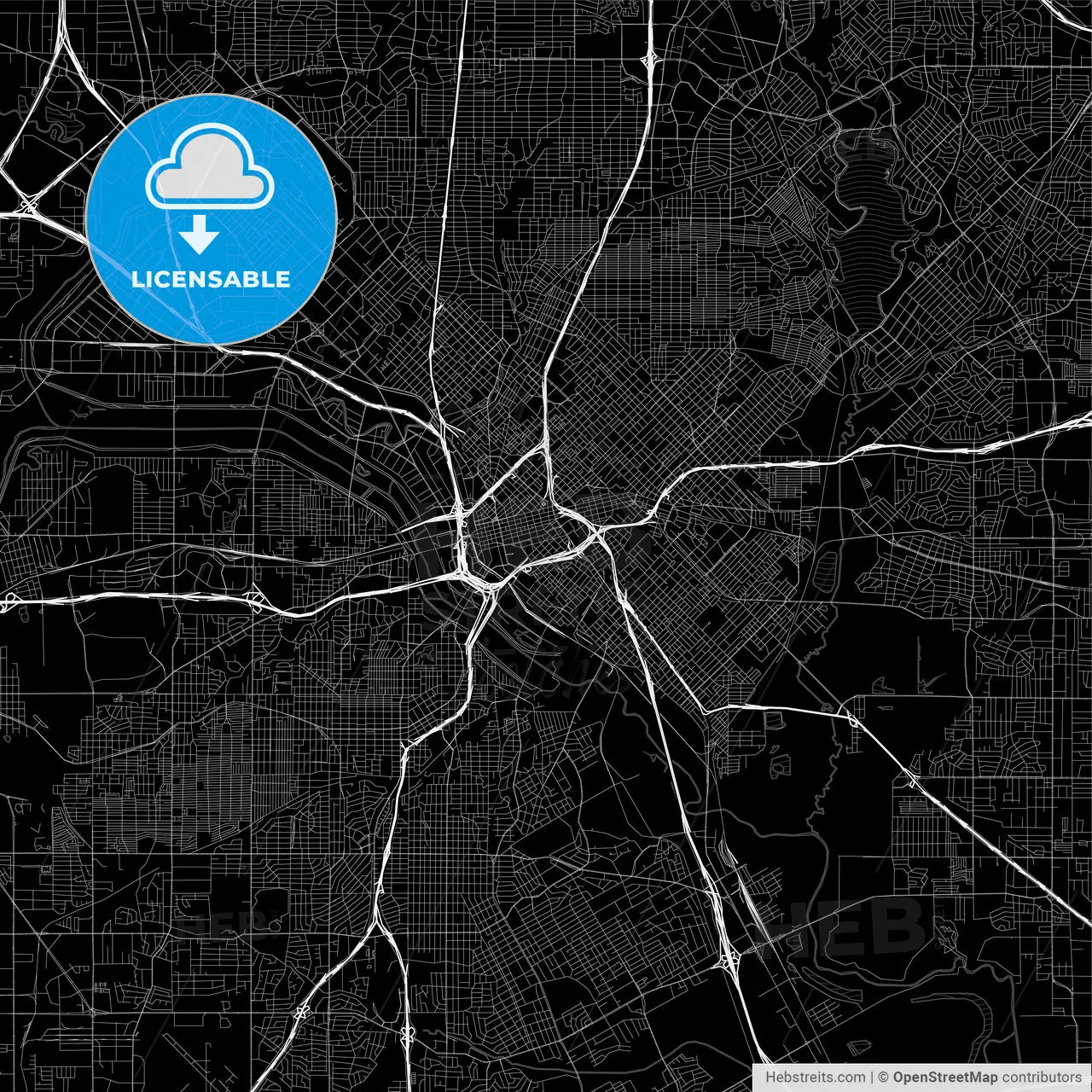 Black downtown map of Dallas, Texas