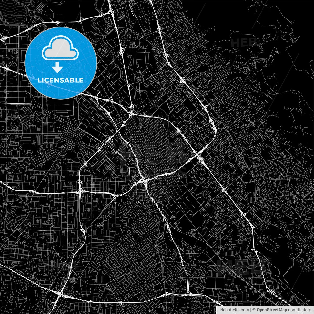 Black downtown map of San Jose, California