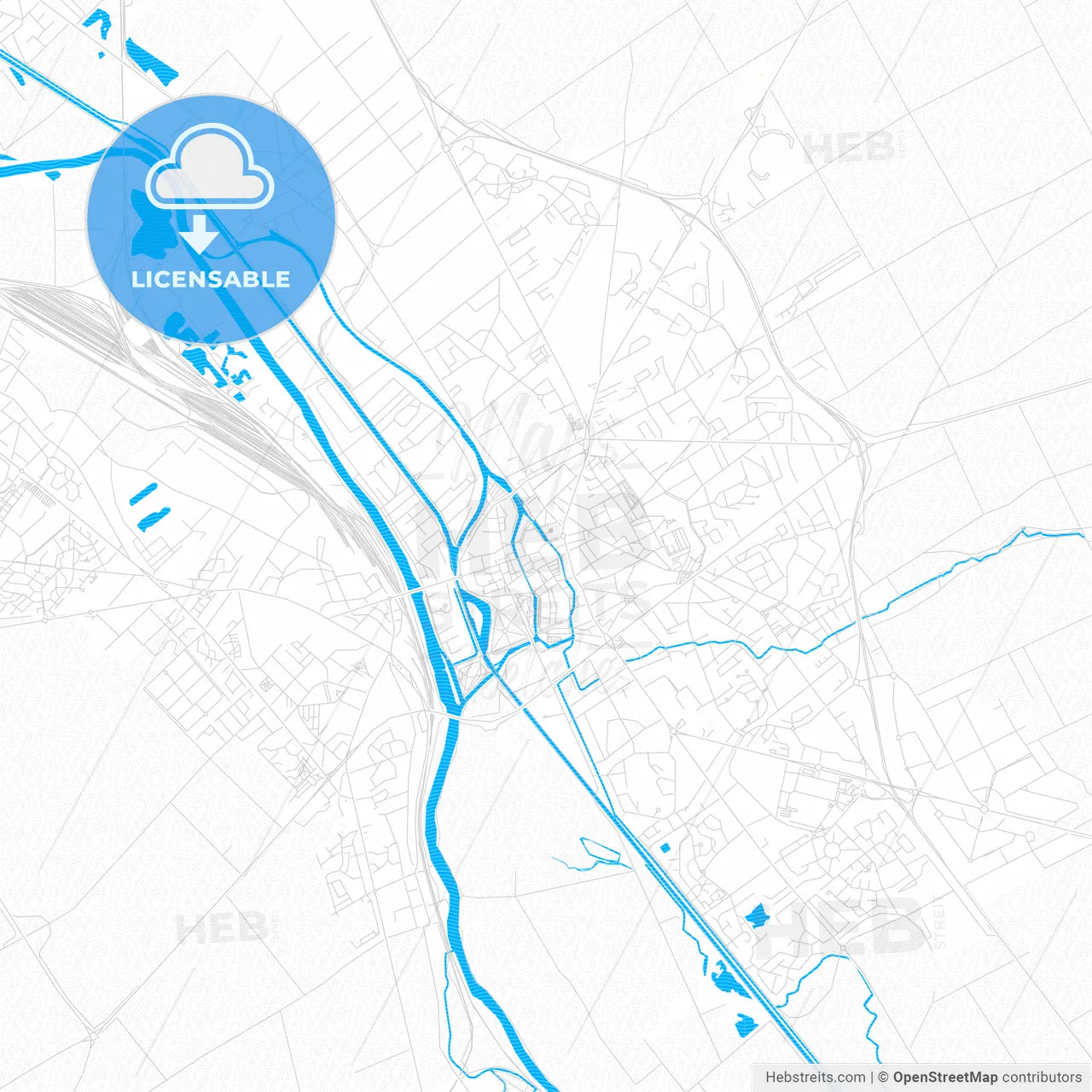 Châlons-en-Champagne, France PDF vector map with water in focus