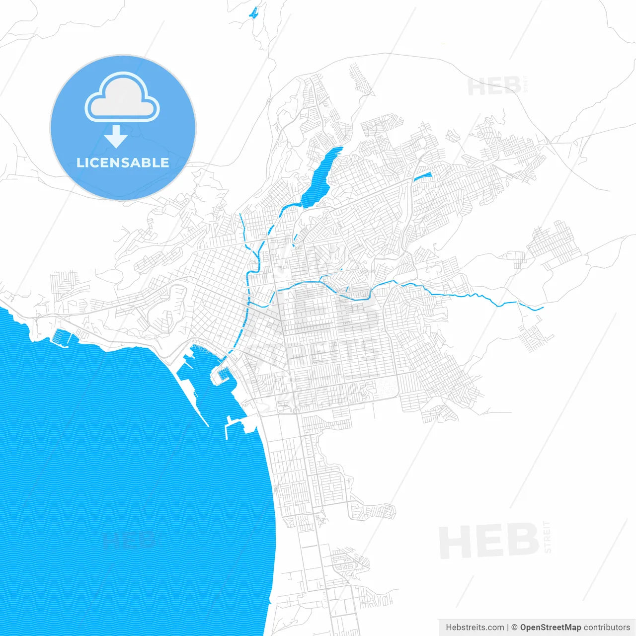 Ensenada, Mexico PDF vector map with water in focus