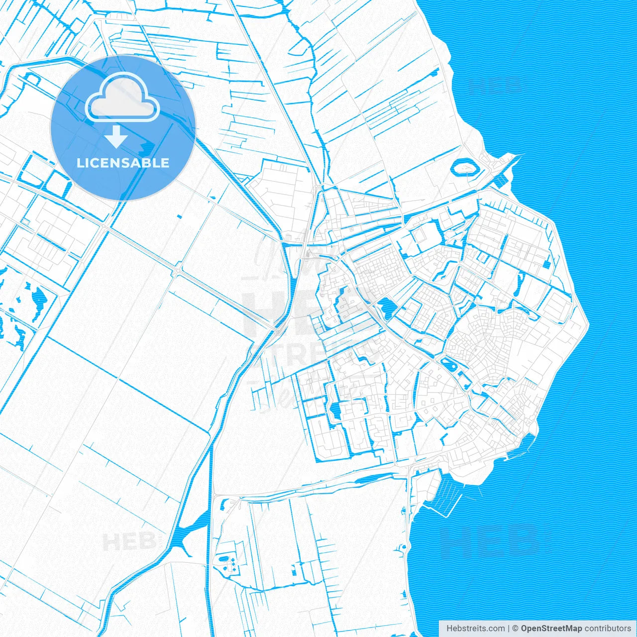 Edam-Volendam, Netherlands PDF vector map with water in focus