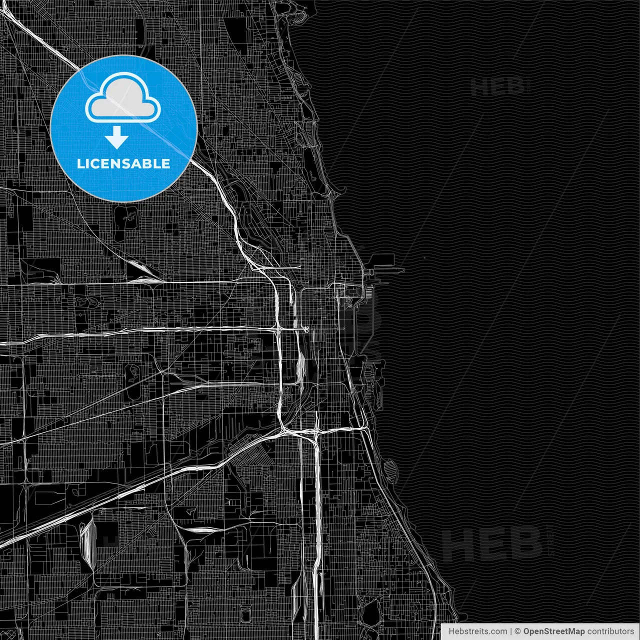 Black downtown map of Chicago, Illinois