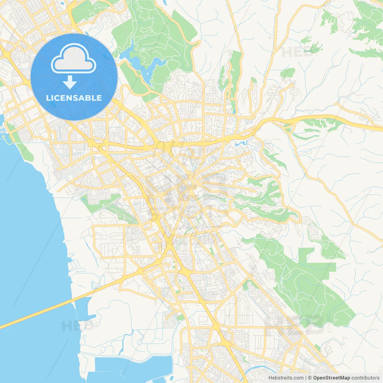 Empty vector map of Hayward, California, USA