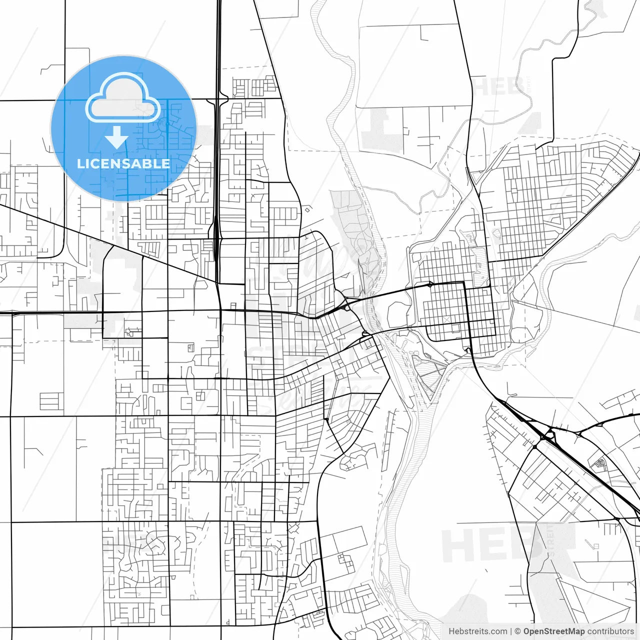 Vector PDF map of Yuba City, California, United States
