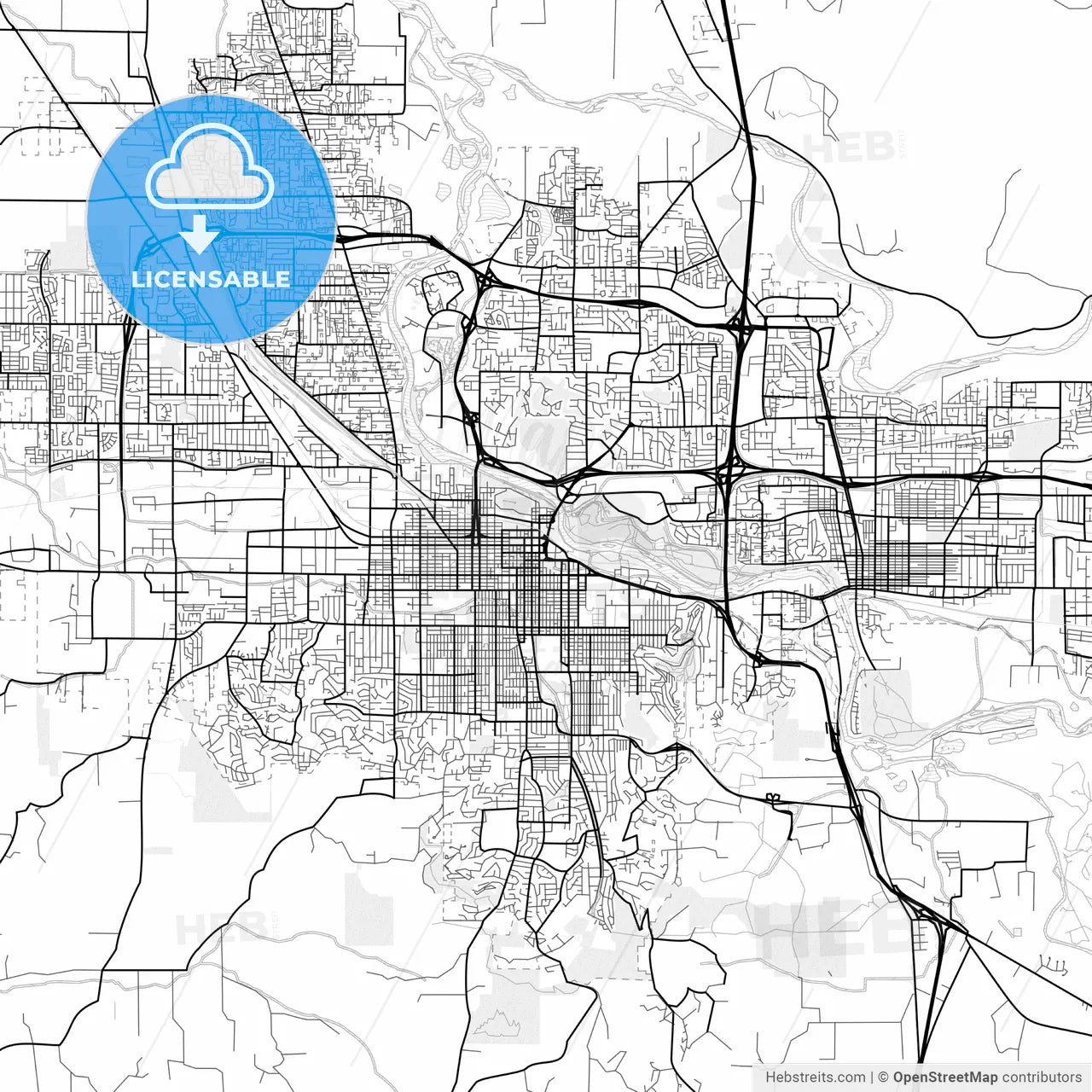 Vector PDF map of Eugene, Oregon, United States