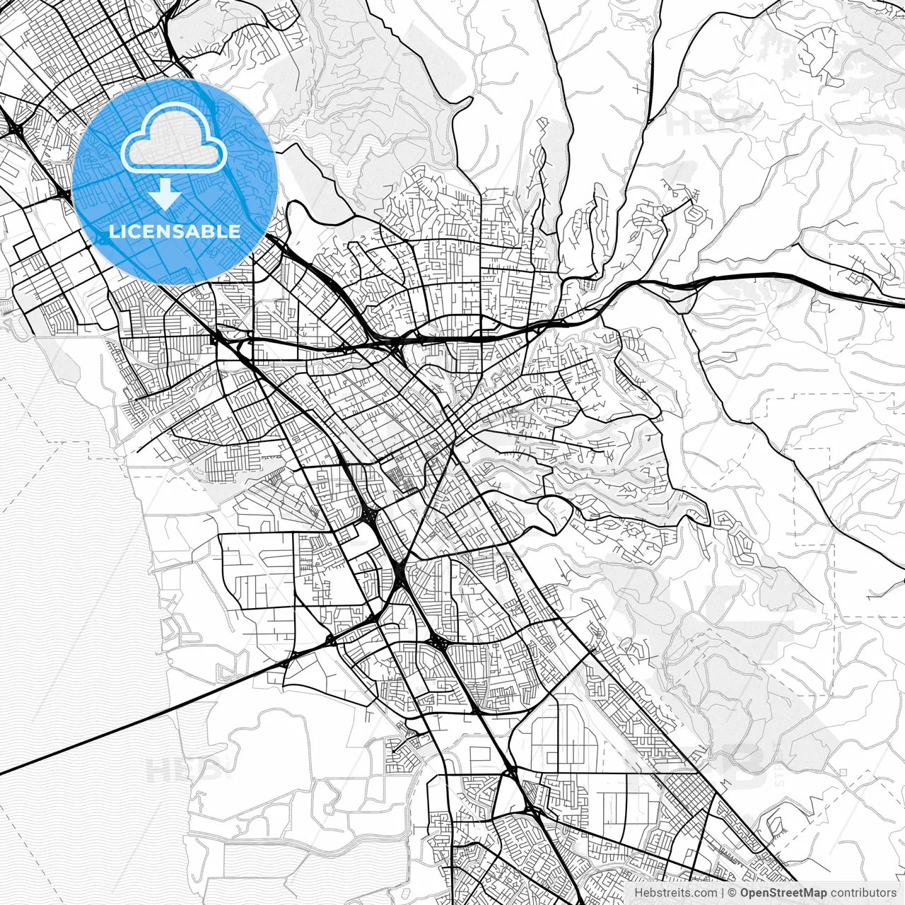 Vector PDF map of Hayward, California, United States