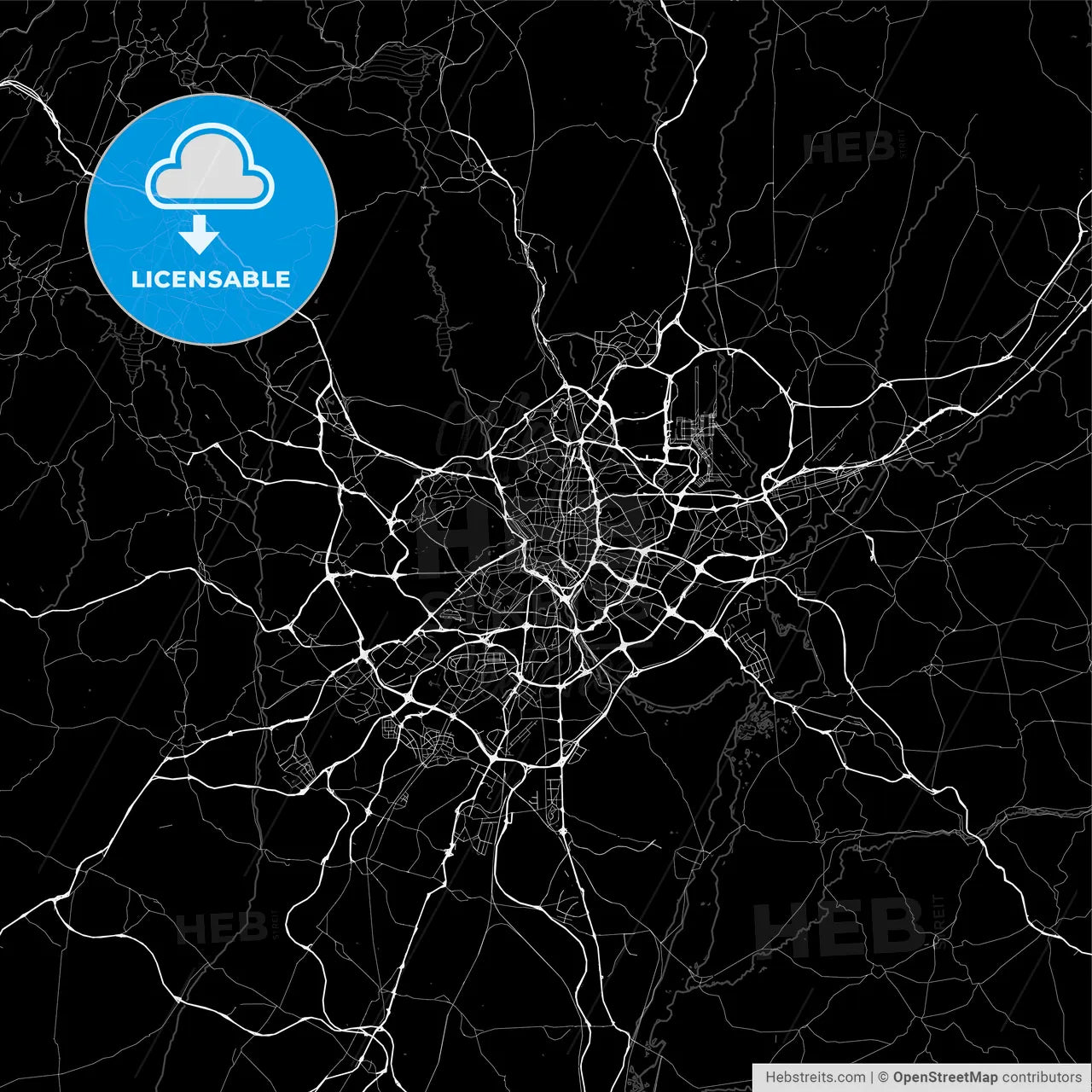 Dark area map of Madrid, Spain