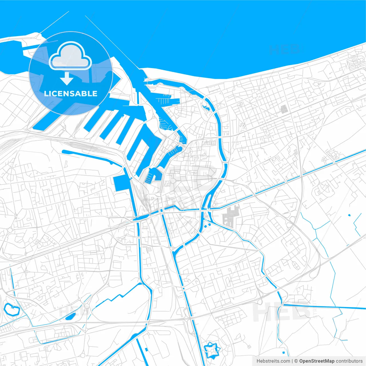 Dunkirk, France bright two-toned vector map