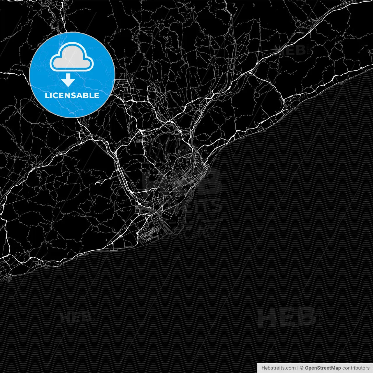 Dark area map of Barcelona, Spain