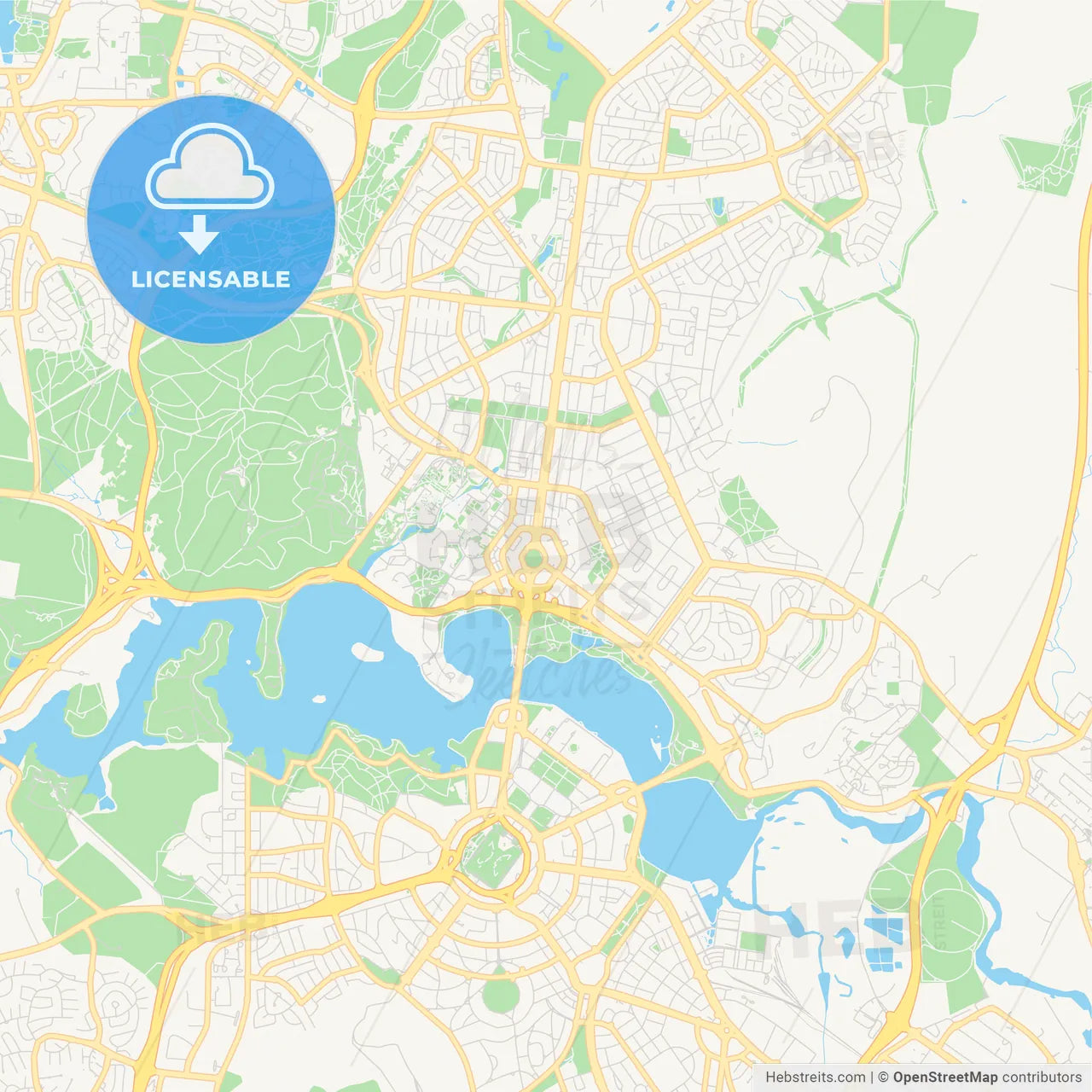 Printable street map of Canberra–Queanbeyan, Australia