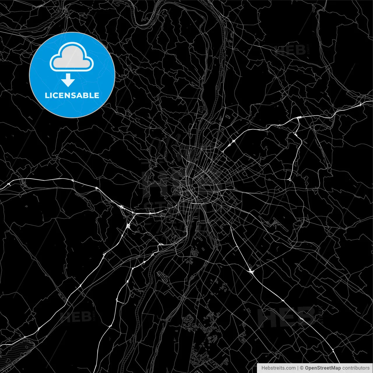 Dark area map of Budapest, Hungary