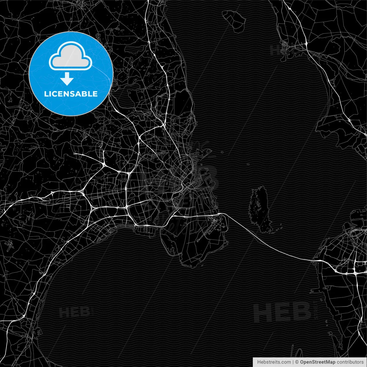 Dark area map of Copenhagen, Denmark