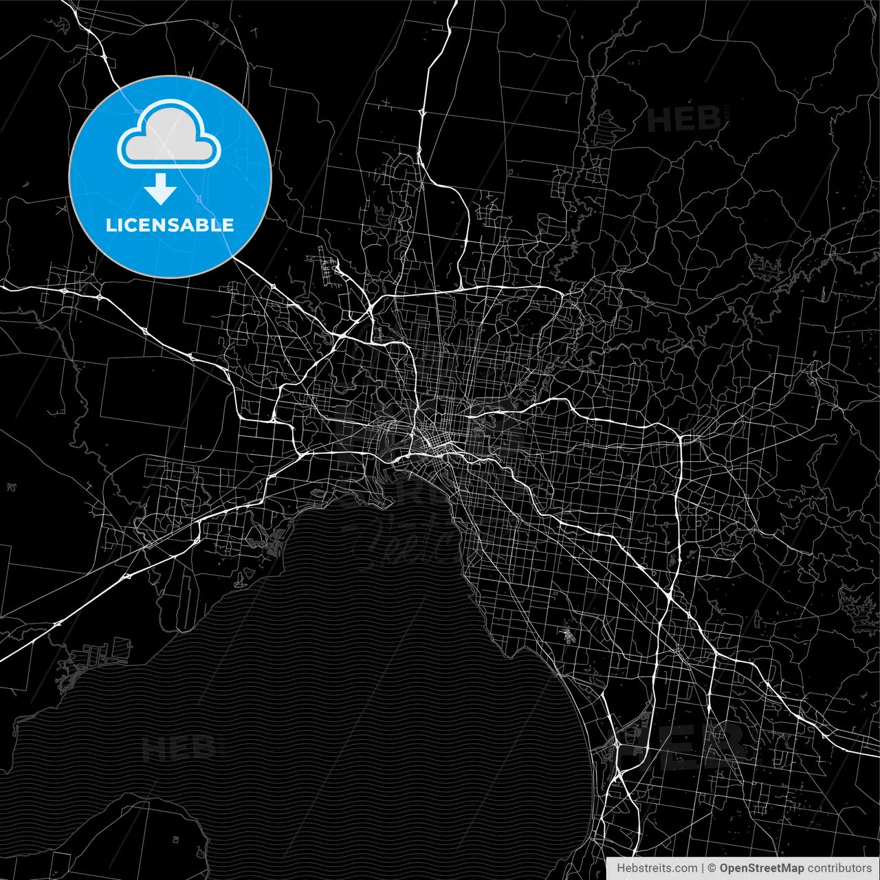 Dark area map of Melbourne, Australia