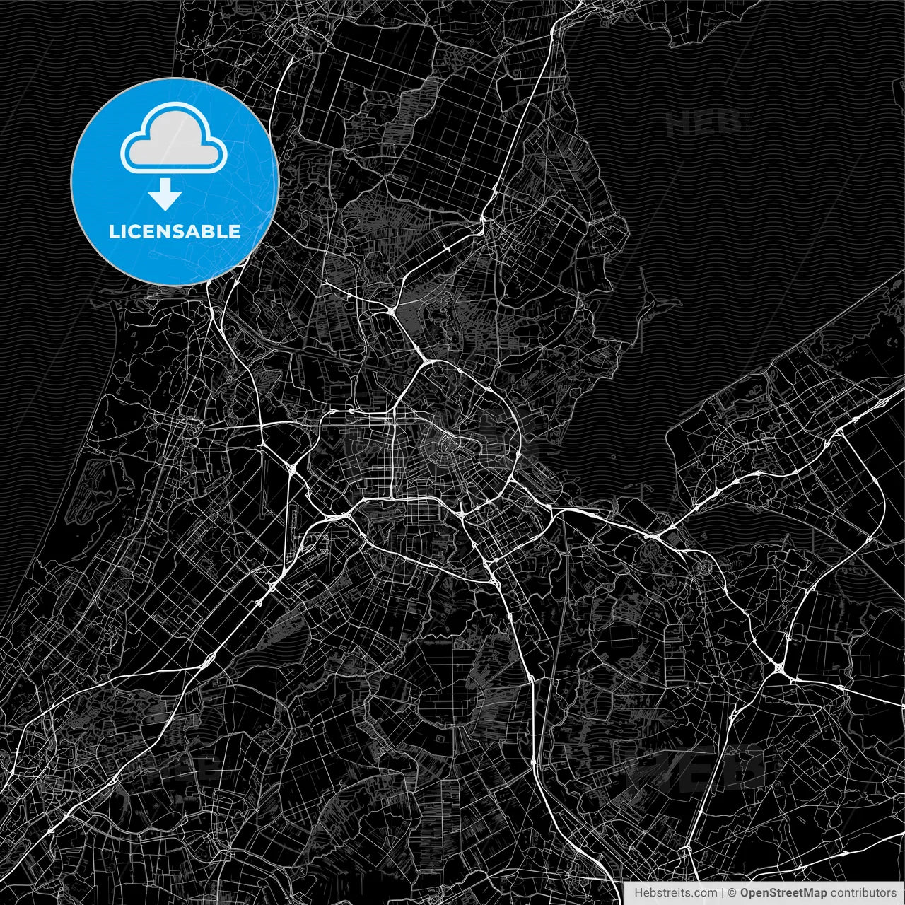 Dark area map of Amsterdam, Netherlands