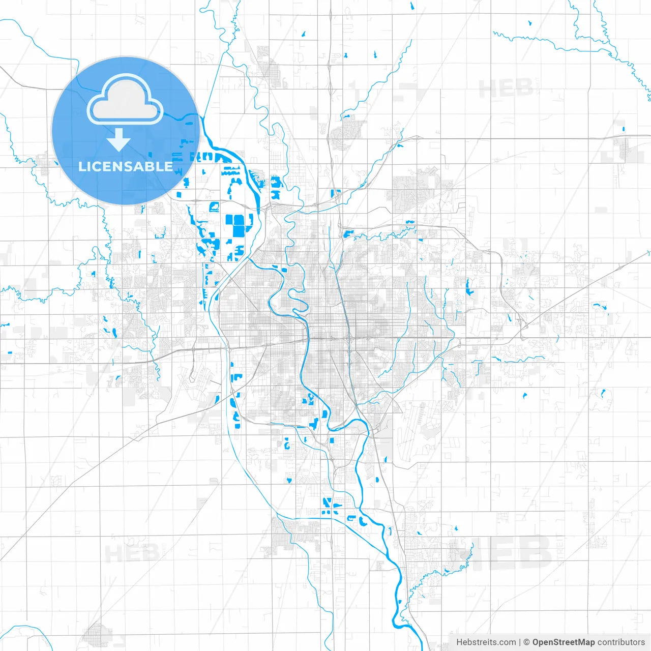 Rich detailed vector map of Wichita, Kansas, U.S.A.
