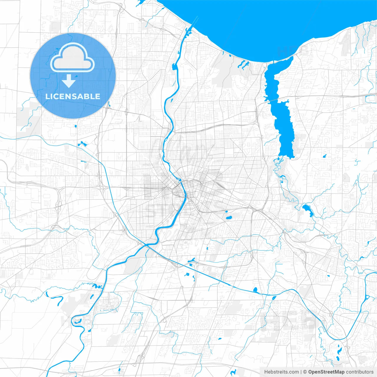 Rich detailed vector map of Rochester, New York, USA
