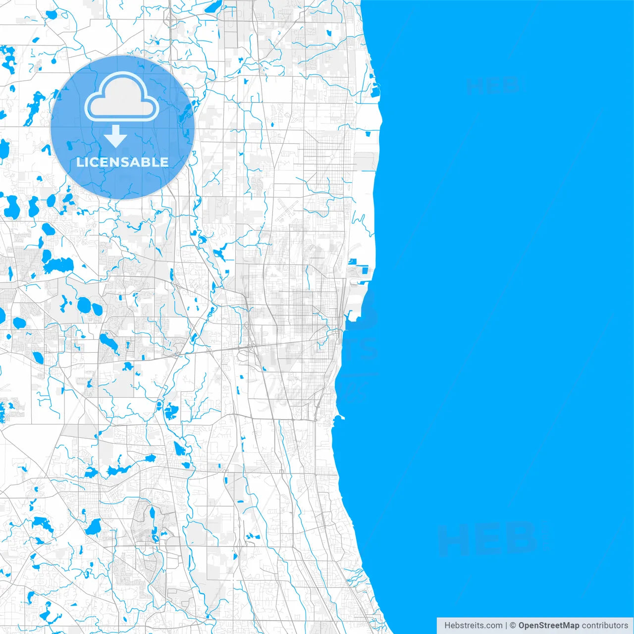 Rich detailed vector map of Waukegan, Illinois, USA