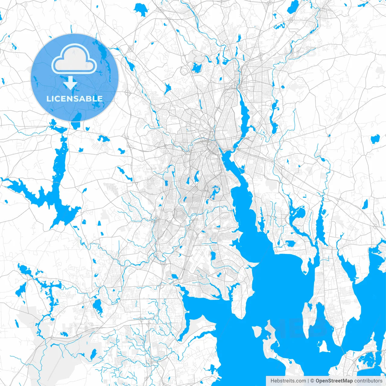 Rich detailed vector map of Cranston, Rhode Island, USA