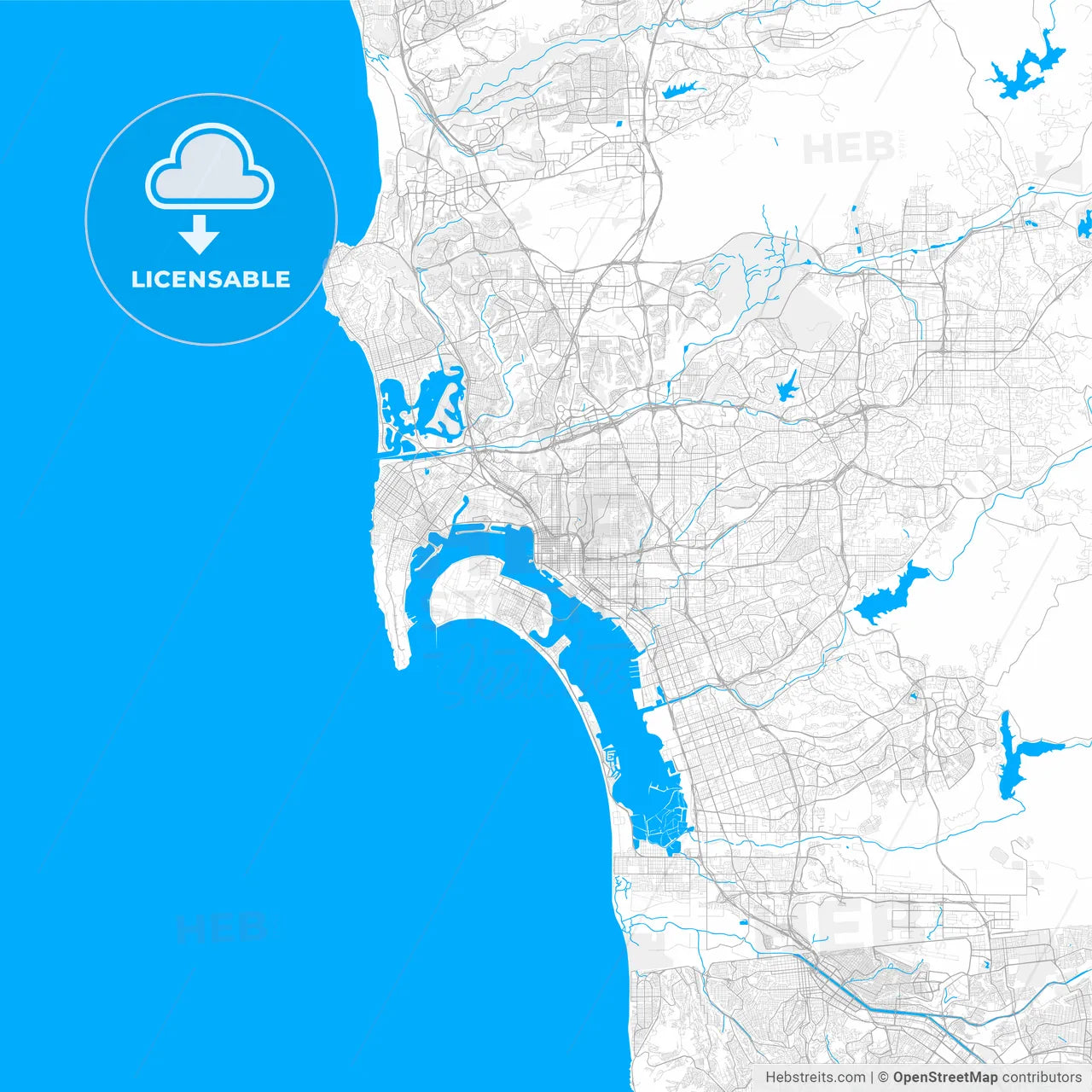 Rich detailed vector map of San Diego, California, U.S.A.