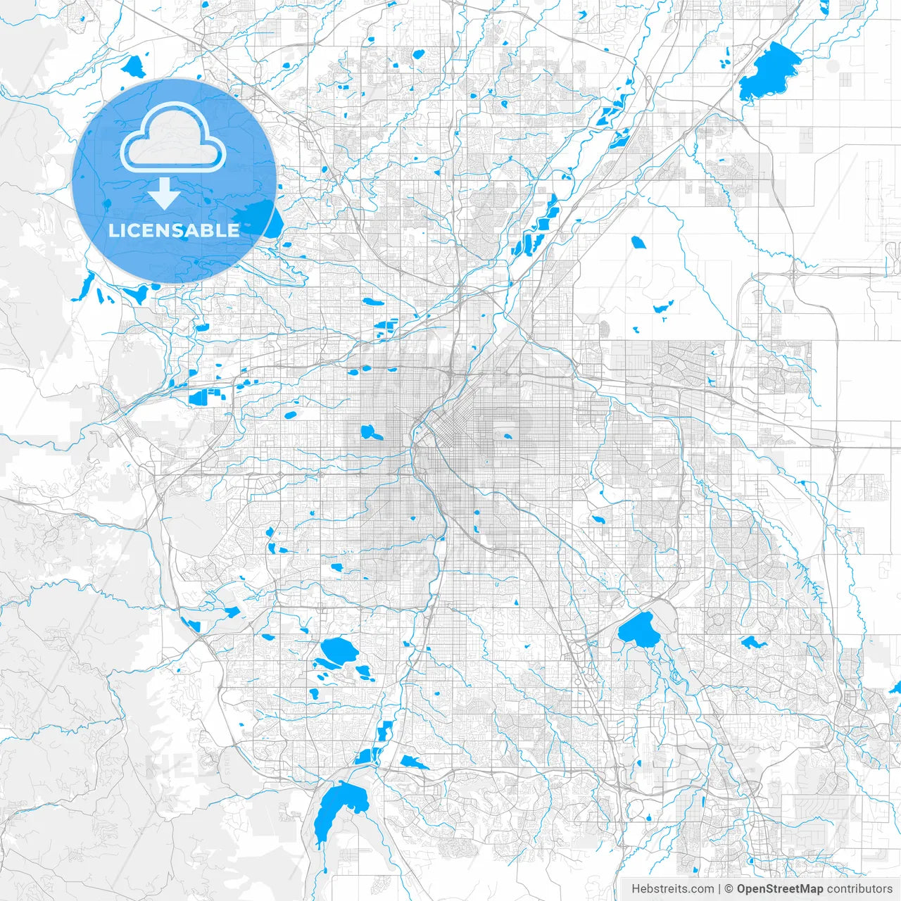 Rich detailed vector map of Denver, Colorado, U.S.A.