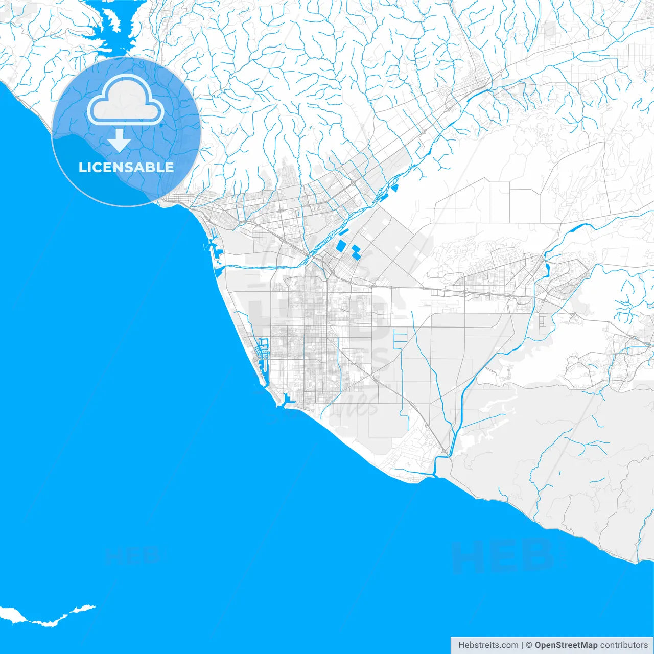 Rich detailed vector map of Oxnard, California, USA