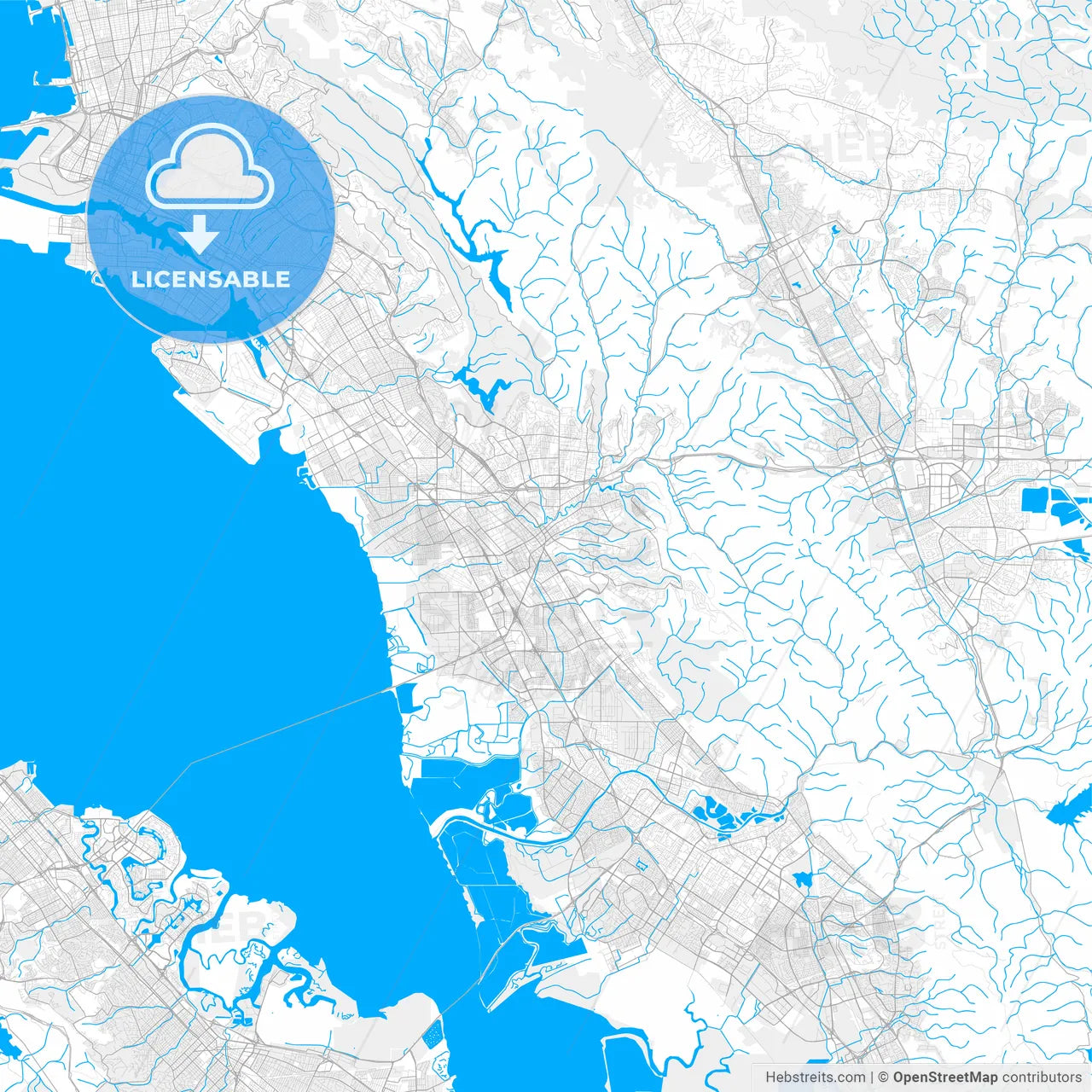 Rich detailed vector map of Hayward, California, USA
