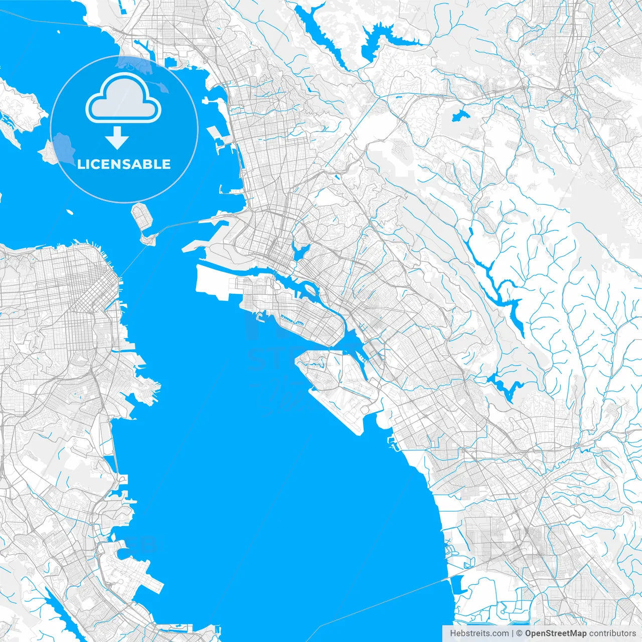 Rich detailed vector map of Alameda, California, USA