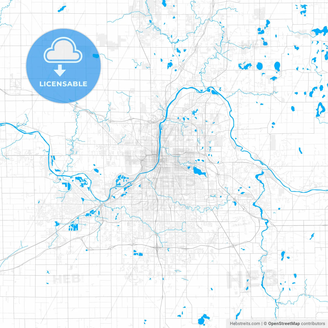 Rich detailed vector map of Grand Rapids, Michigan, USA