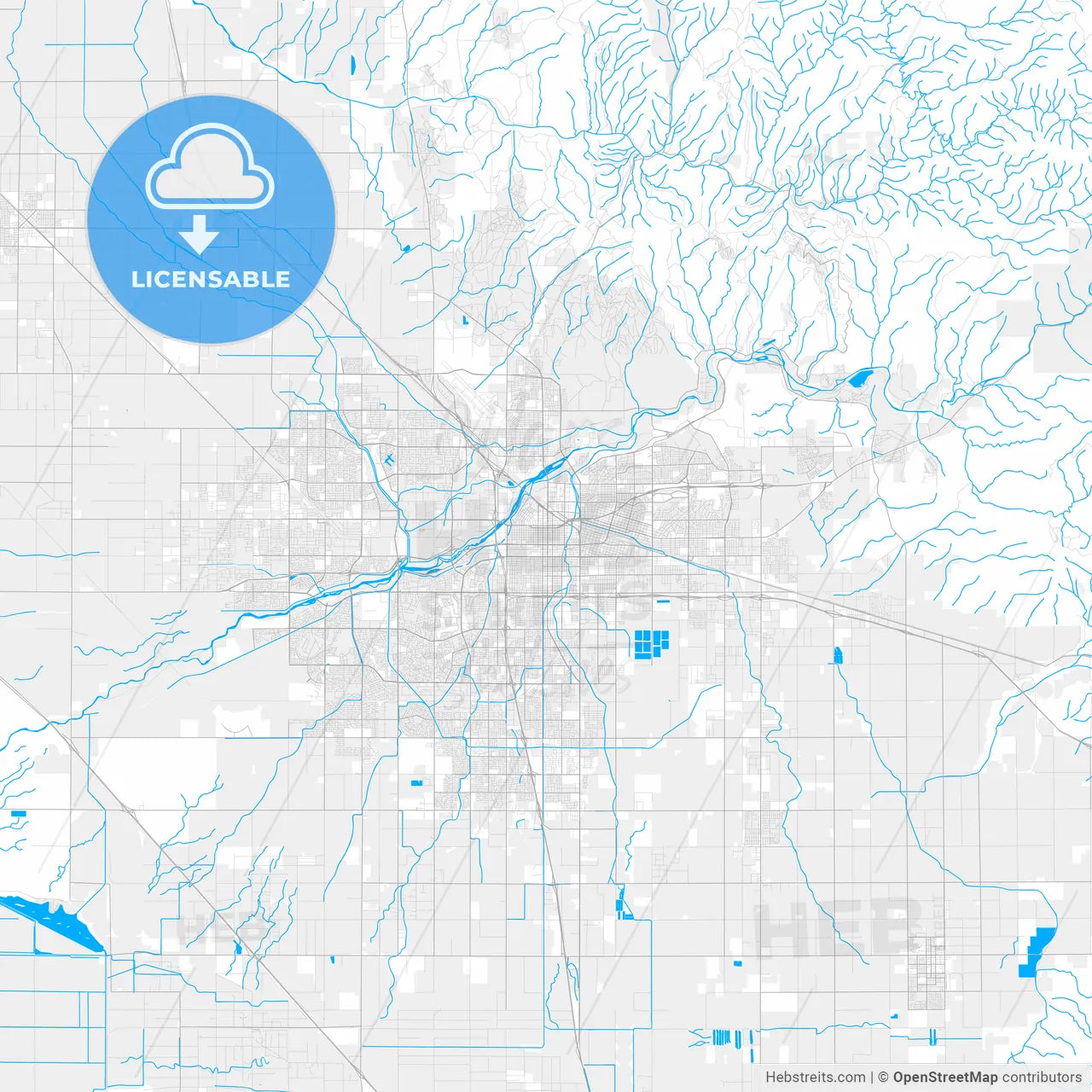 Rich detailed vector map of Bakersfield, California, U.S.A.