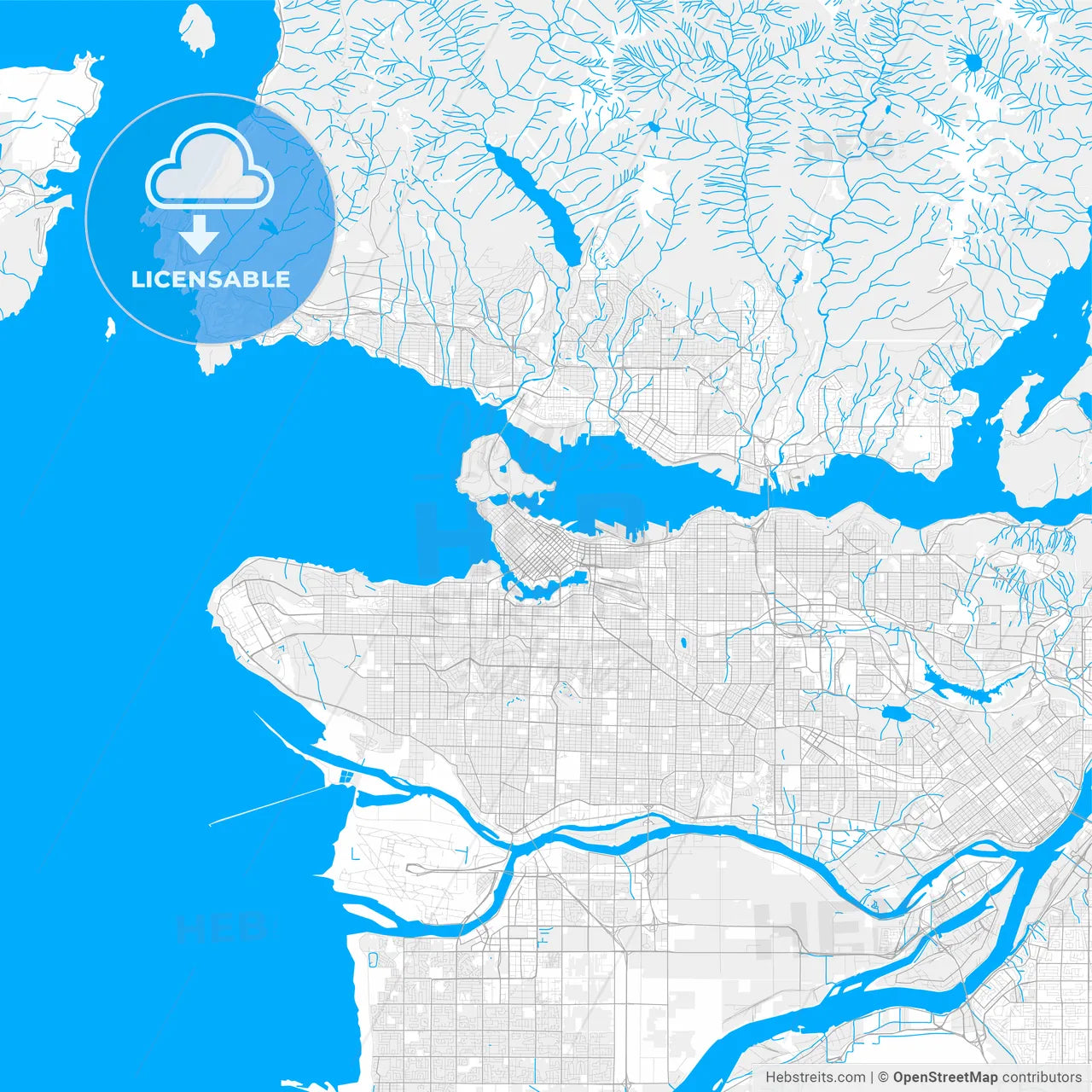 Rich detailed vector map of Vancouver, British Columbia, Canada