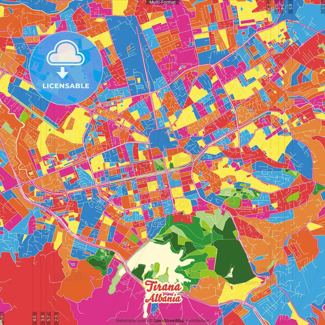 Tirana, Albania Crazy Colorful Street Map Poster Template