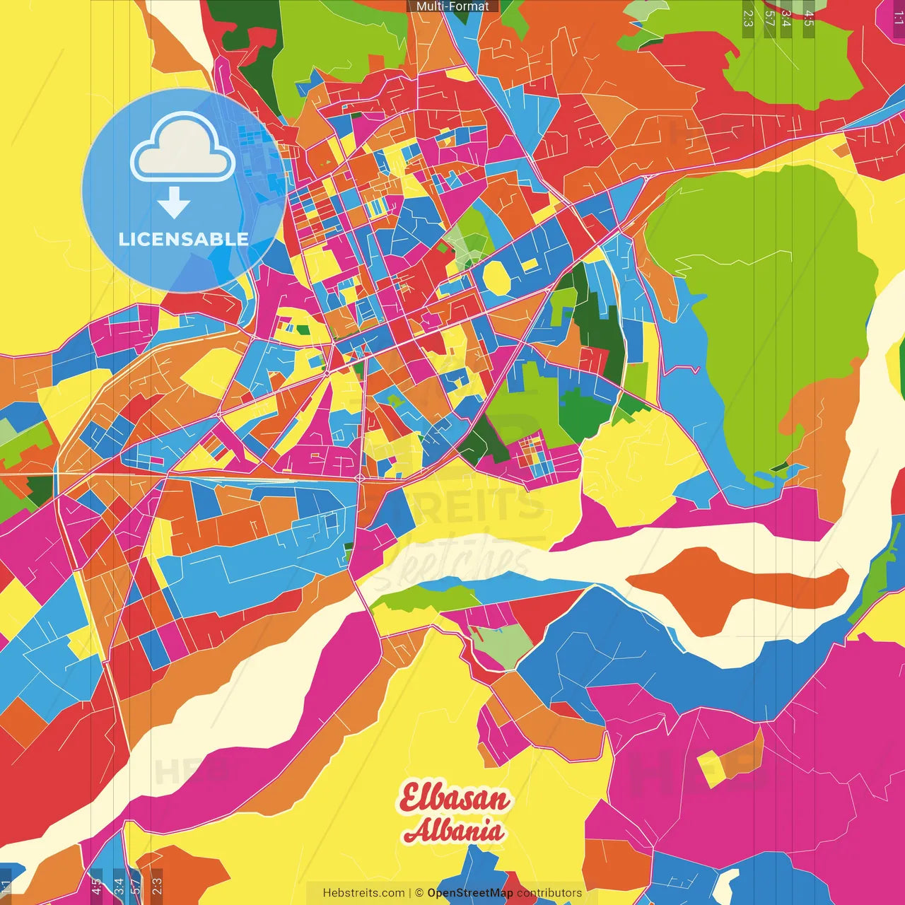 Elbasan, Albania Crazy Colorful Street Map Poster Template