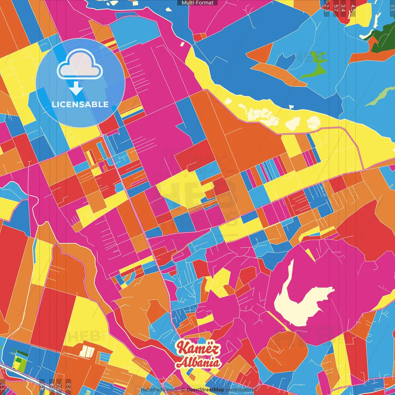 Kamëz, Albania Crazy Colorful Street Map Poster Template