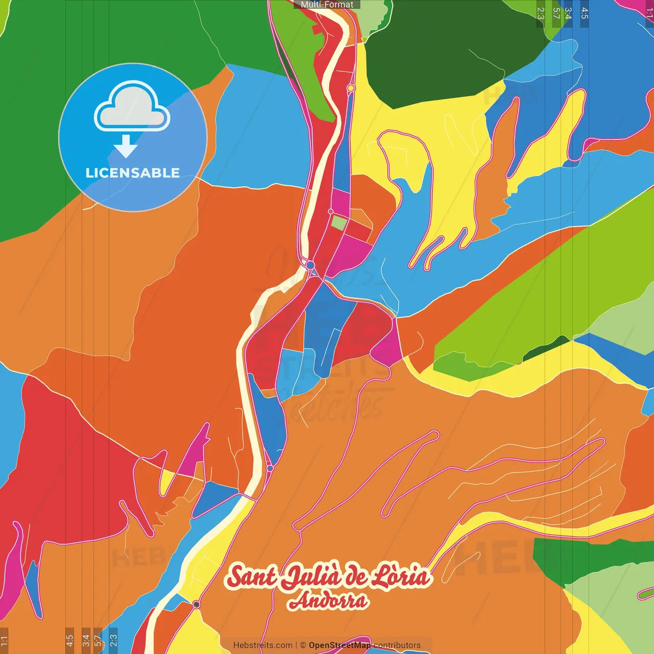 Sant Julià de Lòria, Andorra Crazy Colorful Street Map Poster Template